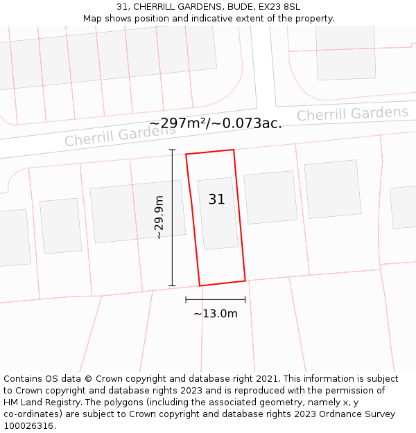 31, CHERRILL GARDENS, BUDE, EX23 8SL: Plot and title map