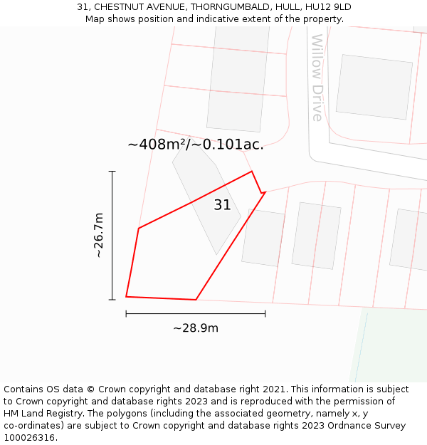 31, CHESTNUT AVENUE, THORNGUMBALD, HULL, HU12 9LD: Plot and title map