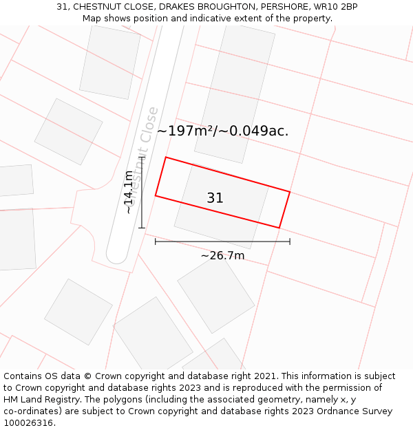 31, CHESTNUT CLOSE, DRAKES BROUGHTON, PERSHORE, WR10 2BP: Plot and title map