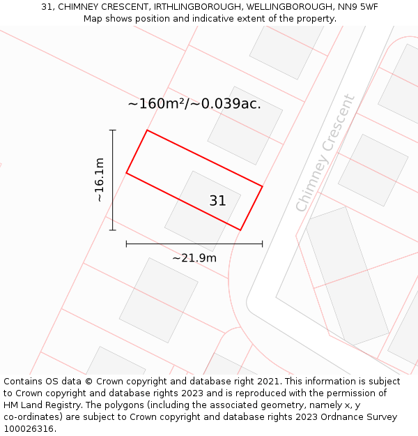 31, CHIMNEY CRESCENT, IRTHLINGBOROUGH, WELLINGBOROUGH, NN9 5WF: Plot and title map