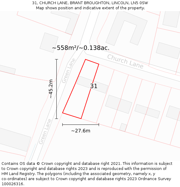 31, CHURCH LANE, BRANT BROUGHTON, LINCOLN, LN5 0SW: Plot and title map