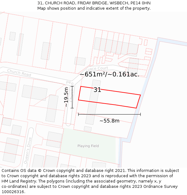 31, CHURCH ROAD, FRIDAY BRIDGE, WISBECH, PE14 0HN: Plot and title map