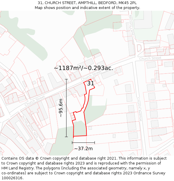 31, CHURCH STREET, AMPTHILL, BEDFORD, MK45 2PL: Plot and title map