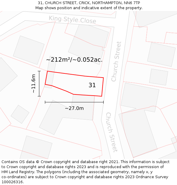 31, CHURCH STREET, CRICK, NORTHAMPTON, NN6 7TP: Plot and title map