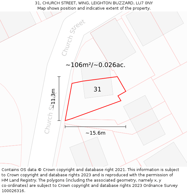 31, CHURCH STREET, WING, LEIGHTON BUZZARD, LU7 0NY: Plot and title map