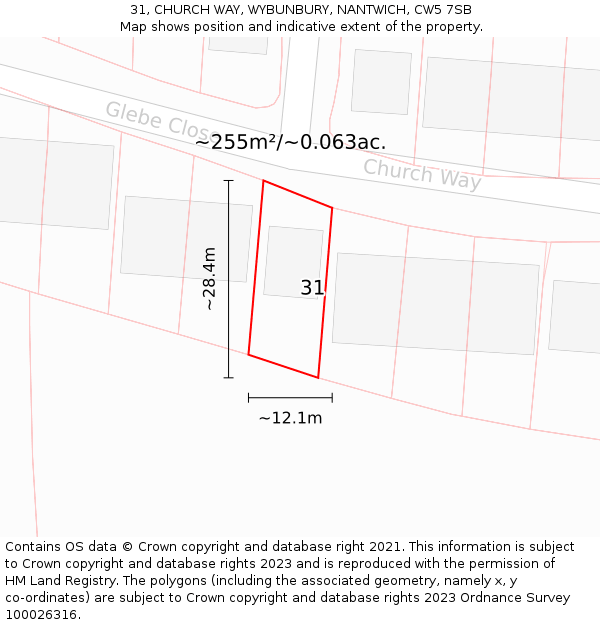 31, CHURCH WAY, WYBUNBURY, NANTWICH, CW5 7SB: Plot and title map