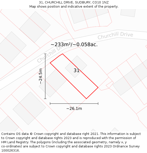 31, CHURCHILL DRIVE, SUDBURY, CO10 1NZ: Plot and title map