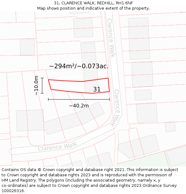 31, CLARENCE WALK, REDHILL, RH1 6NF: Plot and title map