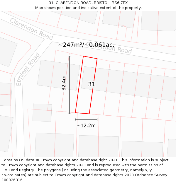 31, CLARENDON ROAD, BRISTOL, BS6 7EX: Plot and title map