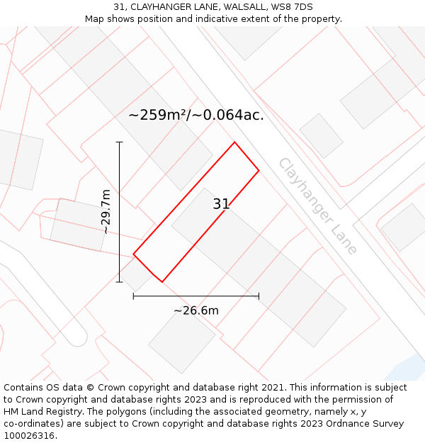 31, CLAYHANGER LANE, WALSALL, WS8 7DS: Plot and title map