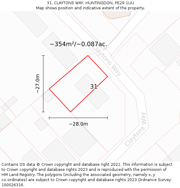 31, CLAYTONS WAY, HUNTINGDON, PE29 1UU: Plot and title map