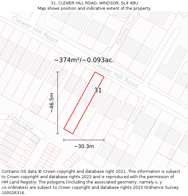 31, CLEWER HILL ROAD, WINDSOR, SL4 4BU: Plot and title map