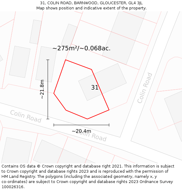 31, COLIN ROAD, BARNWOOD, GLOUCESTER, GL4 3JL: Plot and title map