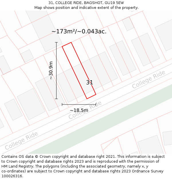 31, COLLEGE RIDE, BAGSHOT, GU19 5EW: Plot and title map