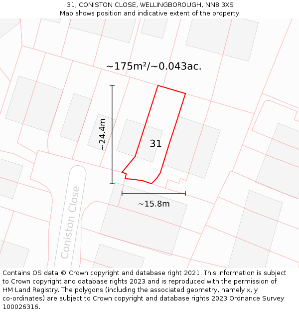 31, CONISTON CLOSE, WELLINGBOROUGH, NN8 3XS: Plot and title map