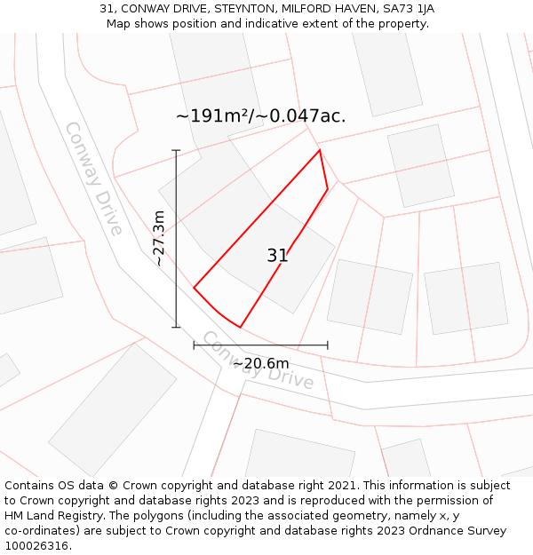 31, CONWAY DRIVE, STEYNTON, MILFORD HAVEN, SA73 1JA: Plot and title map