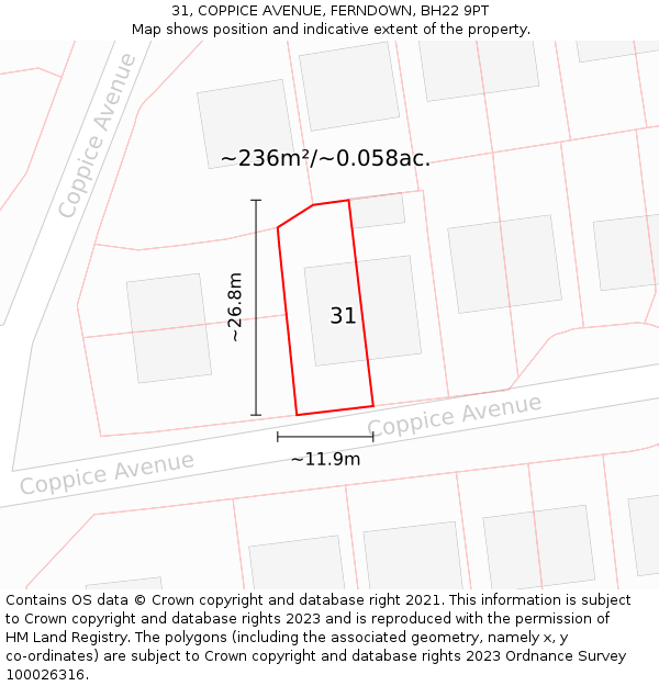 31, COPPICE AVENUE, FERNDOWN, BH22 9PT: Plot and title map