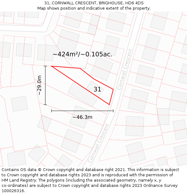 31, CORNWALL CRESCENT, BRIGHOUSE, HD6 4DS: Plot and title map