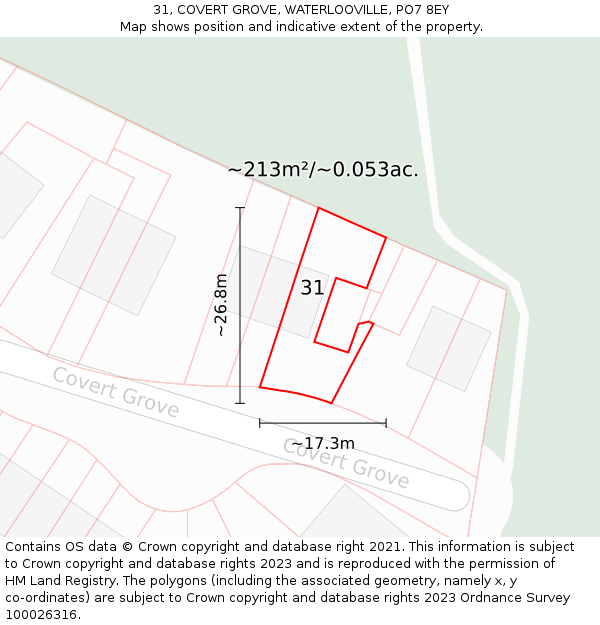 31, COVERT GROVE, WATERLOOVILLE, PO7 8EY: Plot and title map