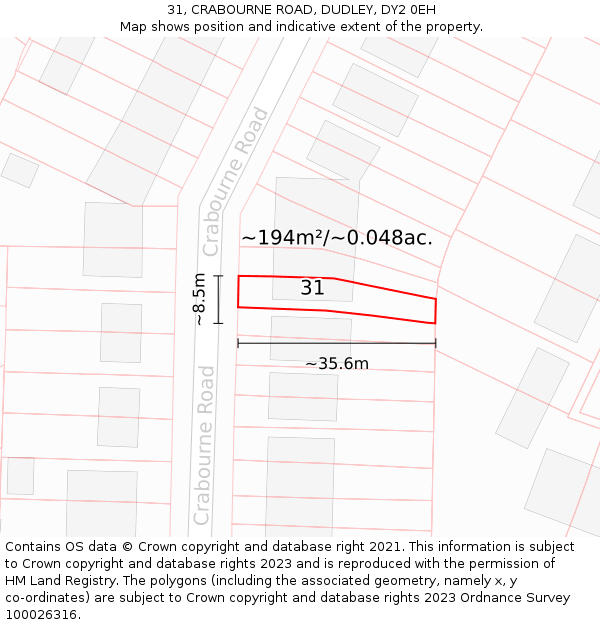 31, CRABOURNE ROAD, DUDLEY, DY2 0EH: Plot and title map