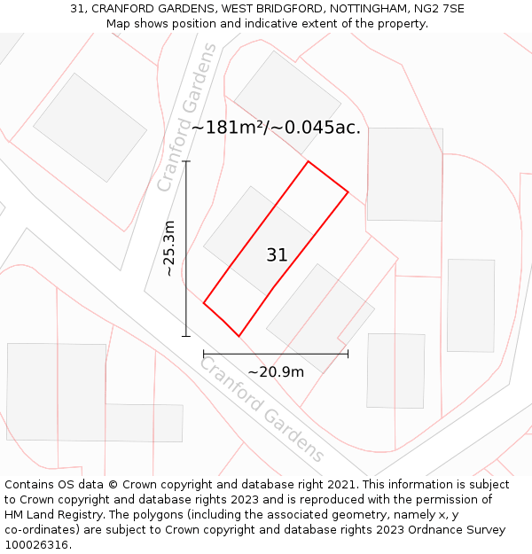 31, CRANFORD GARDENS, WEST BRIDGFORD, NOTTINGHAM, NG2 7SE: Plot and title map