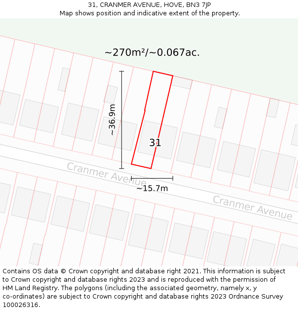 31, CRANMER AVENUE, HOVE, BN3 7JP: Plot and title map