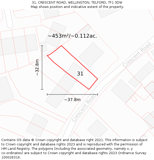 31, CRESCENT ROAD, WELLINGTON, TELFORD, TF1 3DW: Plot and title map