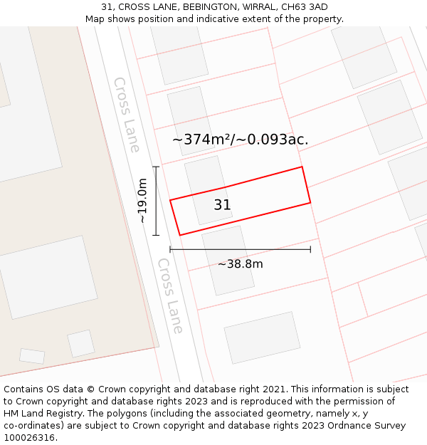 31, CROSS LANE, BEBINGTON, WIRRAL, CH63 3AD: Plot and title map