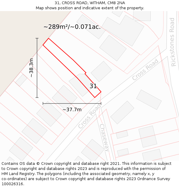 31, CROSS ROAD, WITHAM, CM8 2NA: Plot and title map