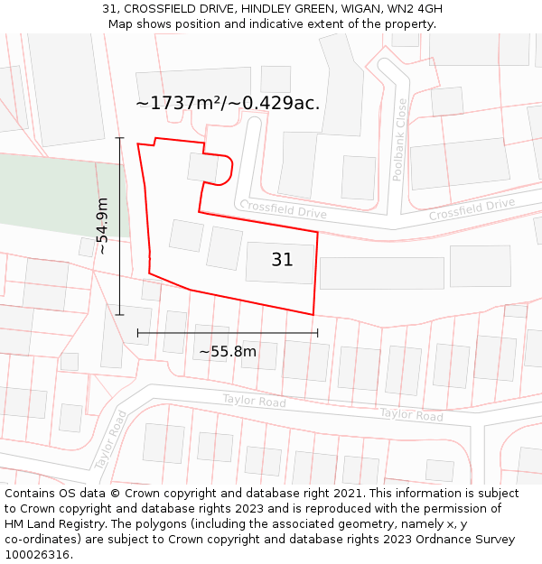 31, CROSSFIELD DRIVE, HINDLEY GREEN, WIGAN, WN2 4GH: Plot and title map