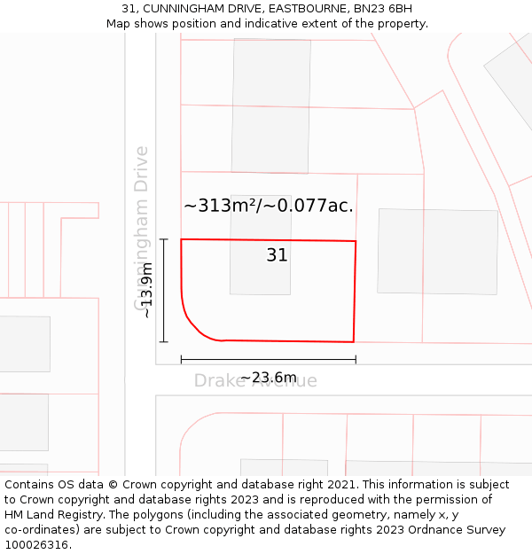 31, CUNNINGHAM DRIVE, EASTBOURNE, BN23 6BH: Plot and title map