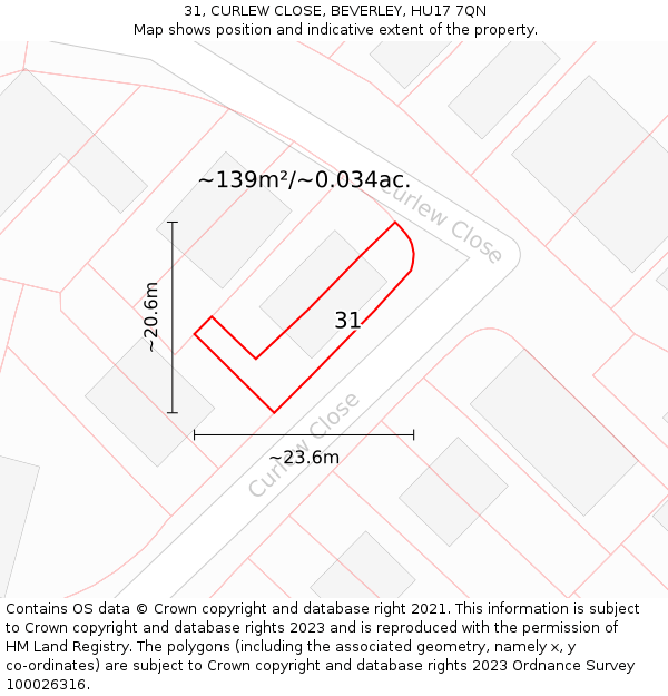 31, CURLEW CLOSE, BEVERLEY, HU17 7QN: Plot and title map