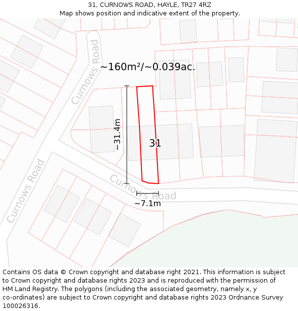 31, CURNOWS ROAD, HAYLE, TR27 4RZ: Plot and title map