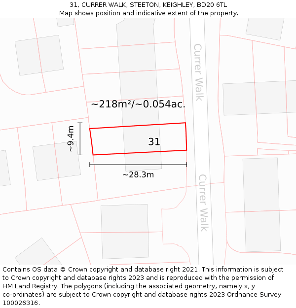 31, CURRER WALK, STEETON, KEIGHLEY, BD20 6TL: Plot and title map