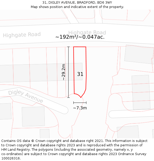 31, DIGLEY AVENUE, BRADFORD, BD6 3WY: Plot and title map