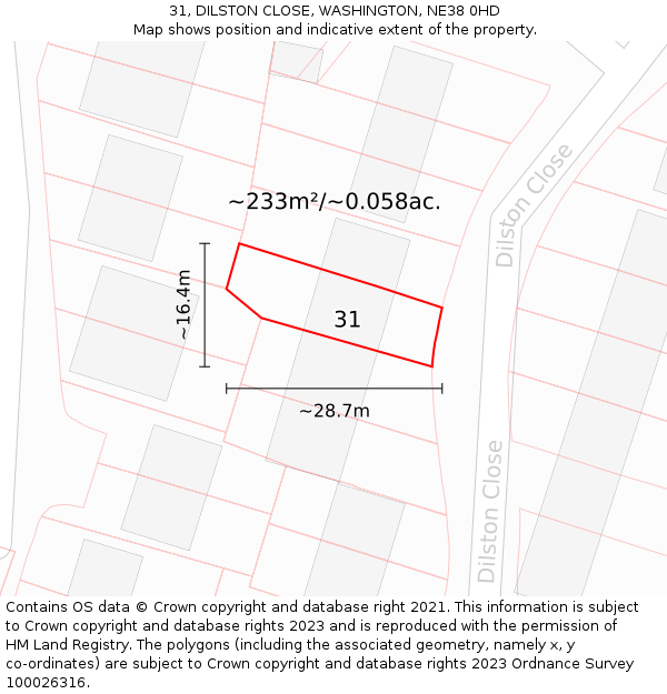 31, DILSTON CLOSE, WASHINGTON, NE38 0HD: Plot and title map