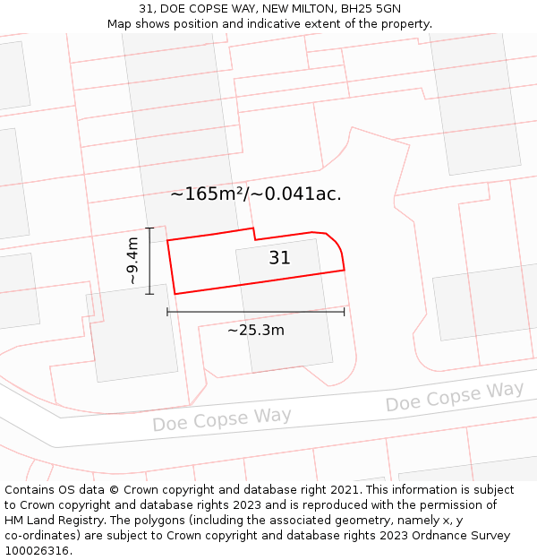 31, DOE COPSE WAY, NEW MILTON, BH25 5GN: Plot and title map