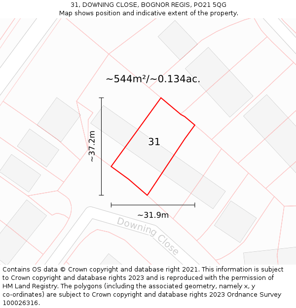 31, DOWNING CLOSE, BOGNOR REGIS, PO21 5QG: Plot and title map