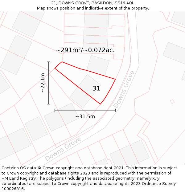 31, DOWNS GROVE, BASILDON, SS16 4QL: Plot and title map