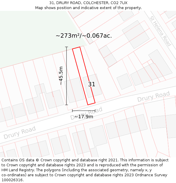 31, DRURY ROAD, COLCHESTER, CO2 7UX: Plot and title map