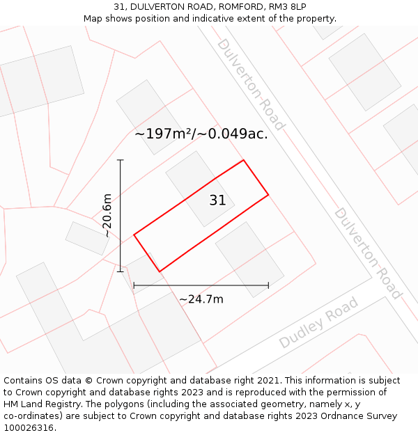 31, DULVERTON ROAD, ROMFORD, RM3 8LP: Plot and title map