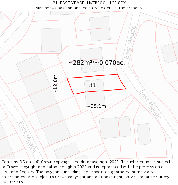31, EAST MEADE, LIVERPOOL, L31 8DX: Plot and title map