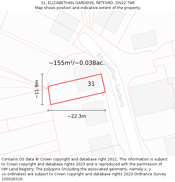 31, ELIZABETHAN GARDENS, RETFORD, DN22 7WP: Plot and title map