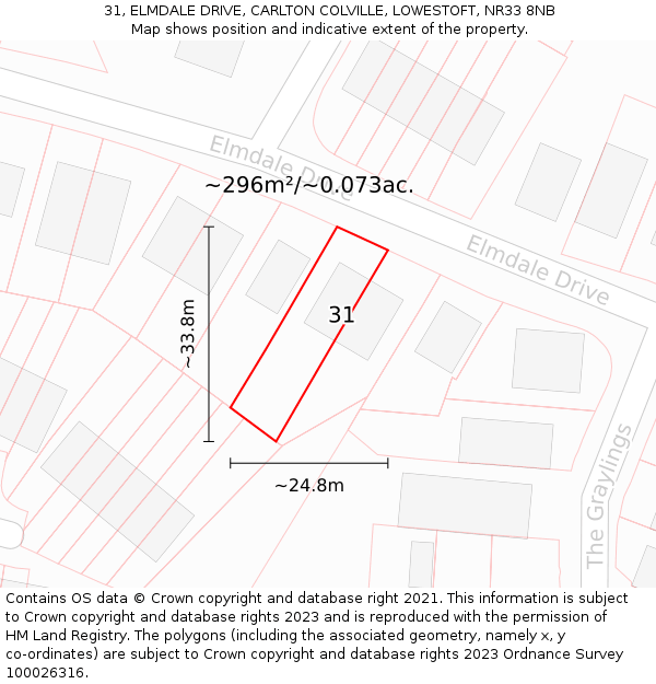 31, ELMDALE DRIVE, CARLTON COLVILLE, LOWESTOFT, NR33 8NB: Plot and title map