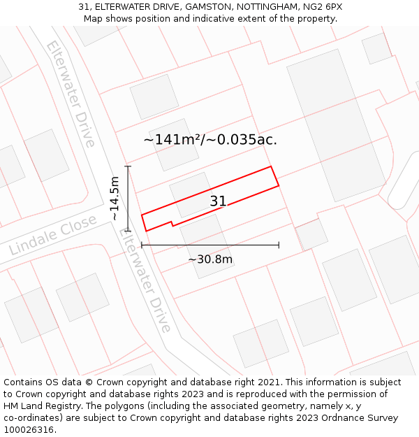 31, ELTERWATER DRIVE, GAMSTON, NOTTINGHAM, NG2 6PX: Plot and title map