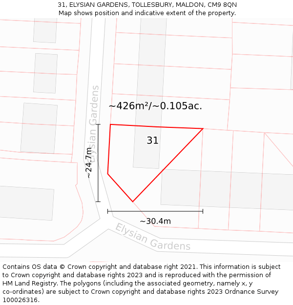 31, ELYSIAN GARDENS, TOLLESBURY, MALDON, CM9 8QN: Plot and title map