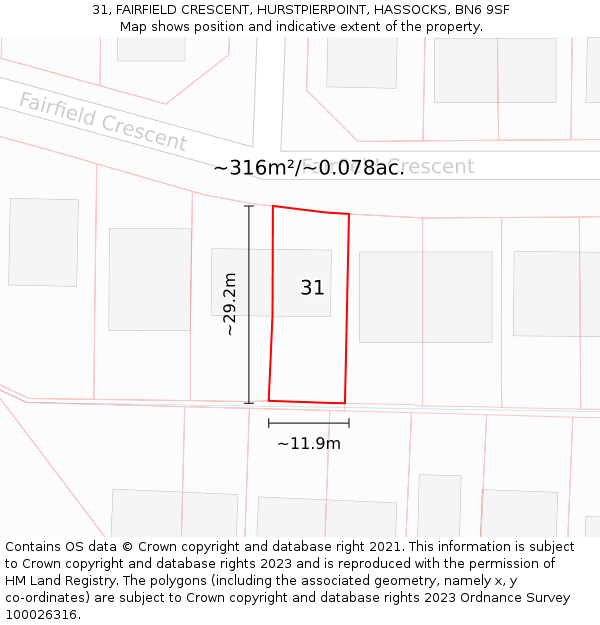 31, FAIRFIELD CRESCENT, HURSTPIERPOINT, HASSOCKS, BN6 9SF: Plot and title map