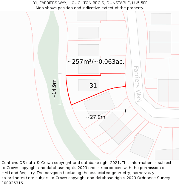 31, FARRIERS WAY, HOUGHTON REGIS, DUNSTABLE, LU5 5FF: Plot and title map