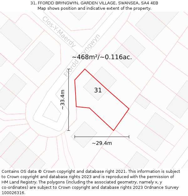 31, FFORDD BRYNGWYN, GARDEN VILLAGE, SWANSEA, SA4 4EB: Plot and title map
