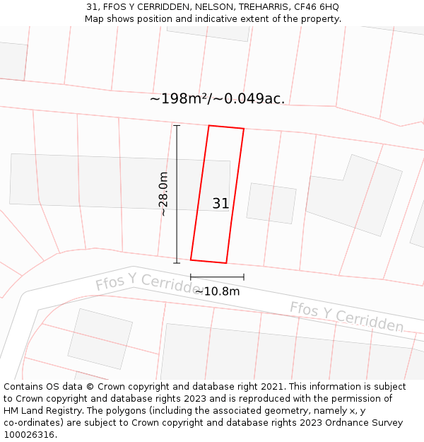 31, FFOS Y CERRIDDEN, NELSON, TREHARRIS, CF46 6HQ: Plot and title map